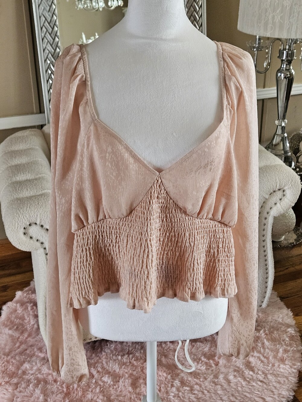 Leith Blush Pink/Peach Smocked Peplum Long-Sleeve Top